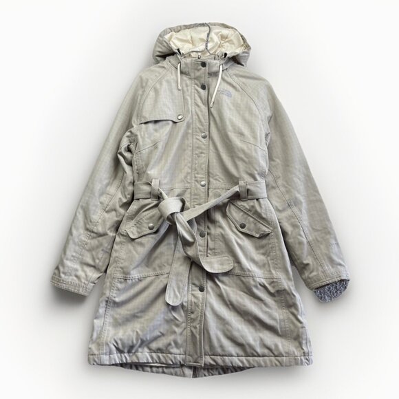 The North Face Hyvent Trench Coat Winter Wom M Beige Plaid Quilted Liner Belted* - Picture 1 of 16